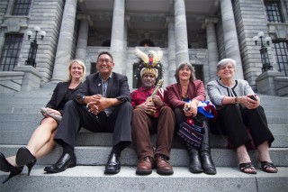 Photo: Mana Party leader Hone Harawira and Labour MP Maryan Street join Free West Papua Campaign founder Benny Wenda, his lawyer Jennifer Robinson and Catherine Delahunty on New Zealand's parliament's steps in 2013