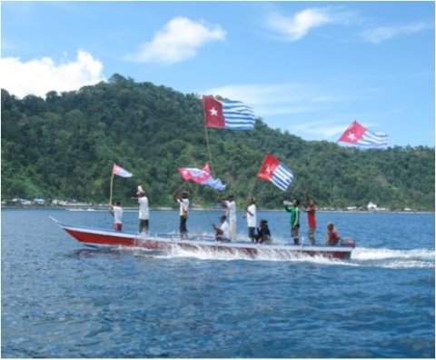 Morning Star flags flown off the coast of West Papua.