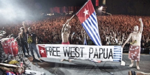 Thousands of people raise there fists in support at Blue King Brown hold the Morning Star flag on stage at the East Coast Blues and Roots Festival in Australia.