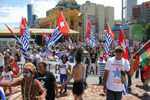 Flags are flown in large numbers in Melbourne.