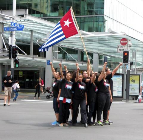 The Morning Star proudly held aloft in Auckland.