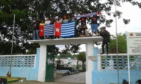 West Papuan flag raised at Santa Cruz Cemetary, Dili, Timor-Leste