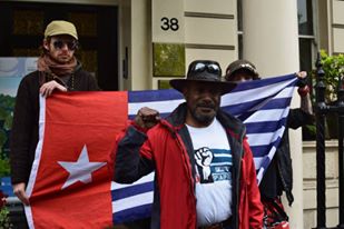 West Papuan independence leader Benny Wenda joined the protest in London