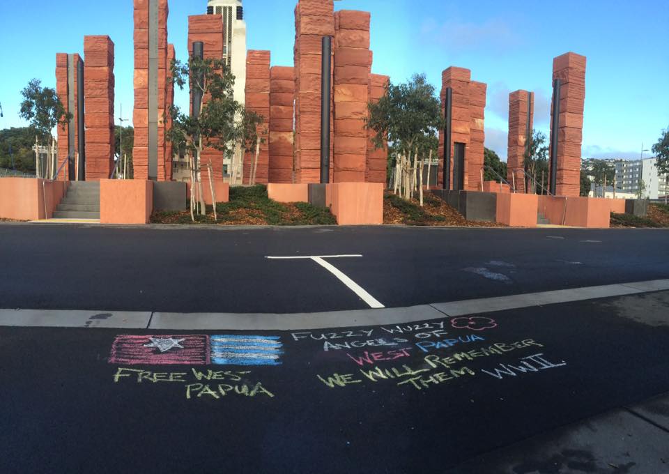 This was drawn in solidarity with West Papua's freedom by supporters in New Zealand outside the ANZAC Memorial today