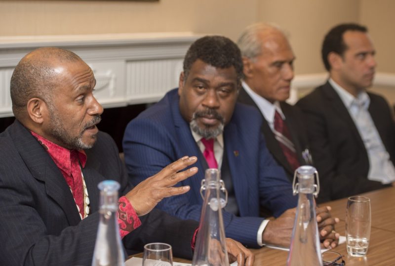 Benny Wenda, flanked by delegates from the Pacific, speaks at a press conference in London on 3rd May. Photo: David Mirzoeff