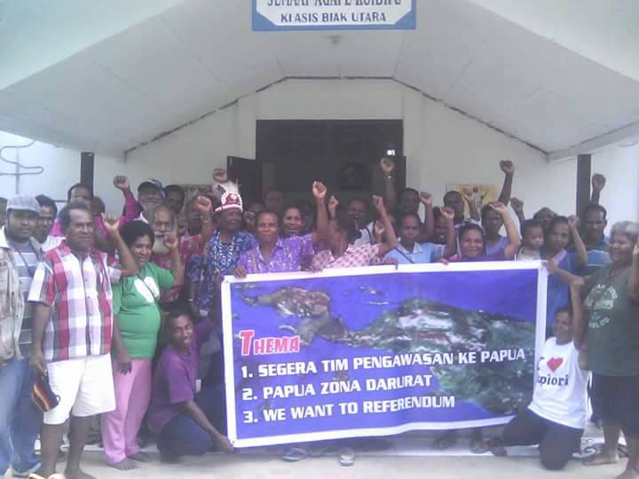 The people of Biak, West Papua holding a demonstration after a church service dedicated to supporting the inalienable right of West Papuan people to self-determination 