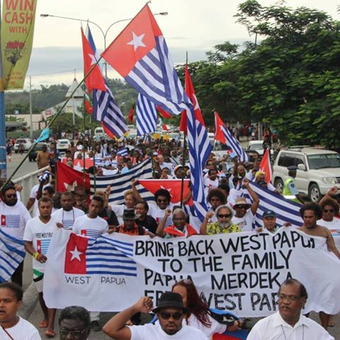 Mass Free West Papua rally in Honiara, Solomon Islands 2015, calling to Bring West Papua Back to the Family as a full member of the Melanesian Spearhead Group (MSG).