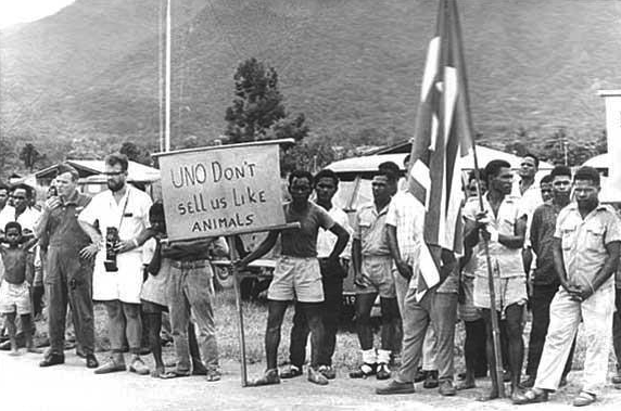 West Papuan people in 1962 calling on the United Nations not to sell them like animals to Indonesia.